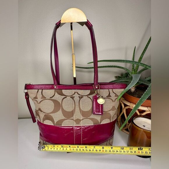 Coach Signature Stripe Tote Bag 12429 Fuchsia Pink Khaki Canvas Leather Y2K Bag - Picture 9 of 11
